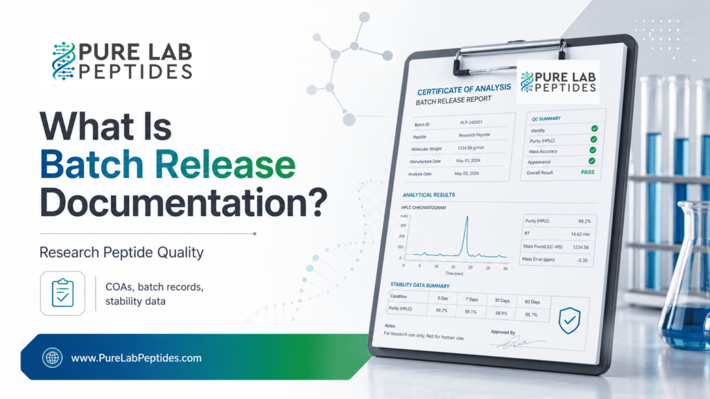 Batch release documentation graphic for Pure Lab Peptides research quality and COA review